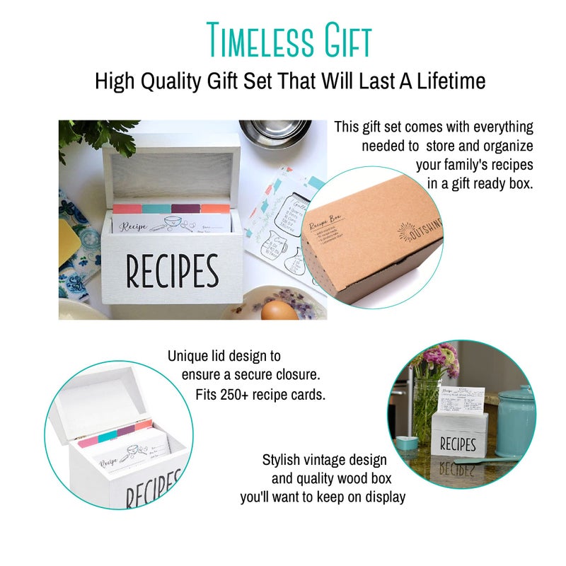 OUTSHINE White Wooden Large Recipe Box with Cards and Dividers | Farmhouse Wood Recipe Box 4x6 Recipe Cards and Box Set | Recipe Box Dividers|White recipe box personalized| Recipe box set - Image 4